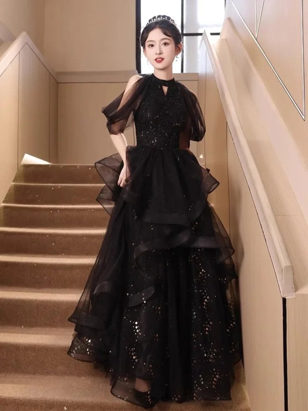 XS Black Evening Gown With Sheer Layered Ruffles Formal Dress FREE SHIPPING